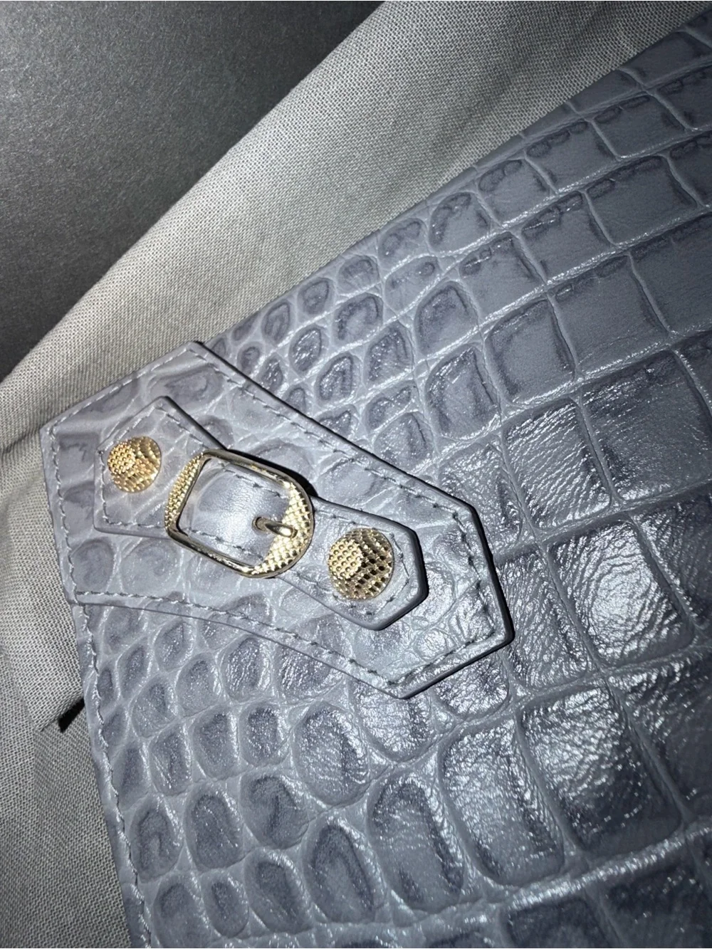 Balenciaga Croc-Embossed Leather Pouch in Slate Gray with Gold Hardware Auth COA